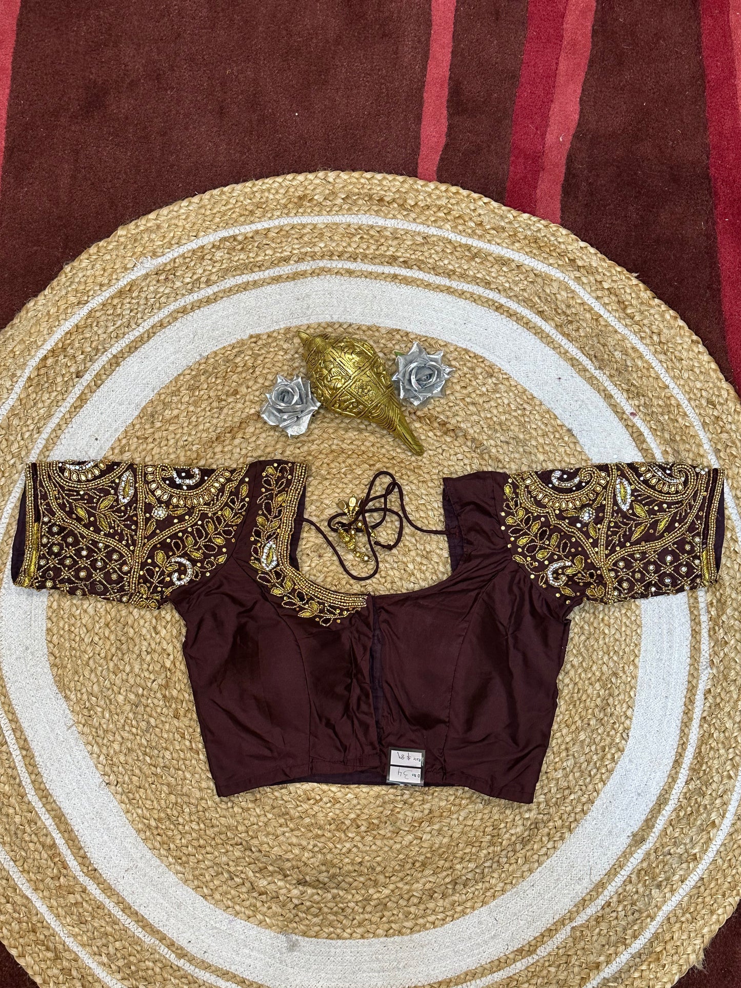 34” XS Aari Worked Sari Blouse Indian Saree Top Silk Burgundy B111