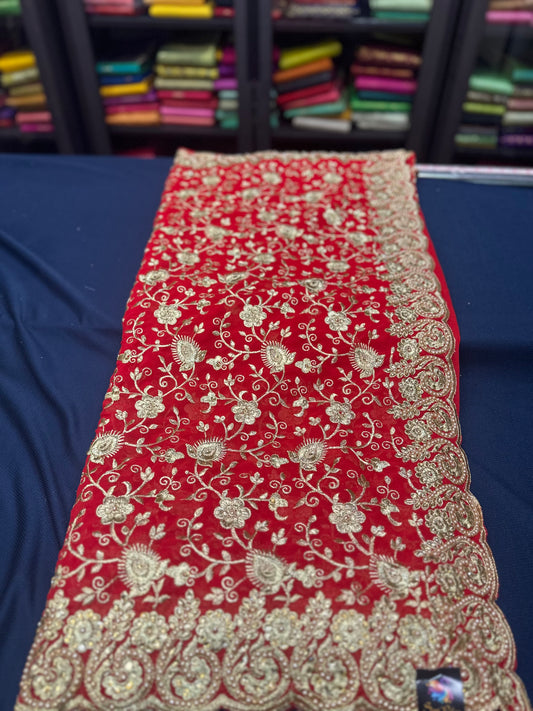 Red Fancy Party wear Georgette Pearl Sari Indian Saree S45