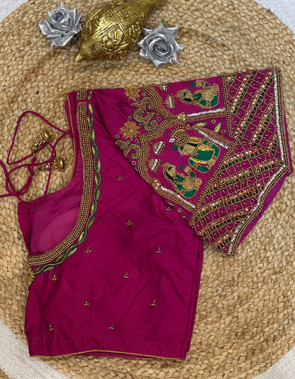 44” Size 14 Aari Worked Sari Blouse Indian Saree Top Silk Pink B136