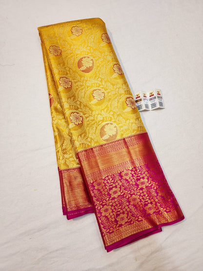 Kanchipuram Pure Silk Saree Bridal Yellow Kanjivaram Sari SPK243