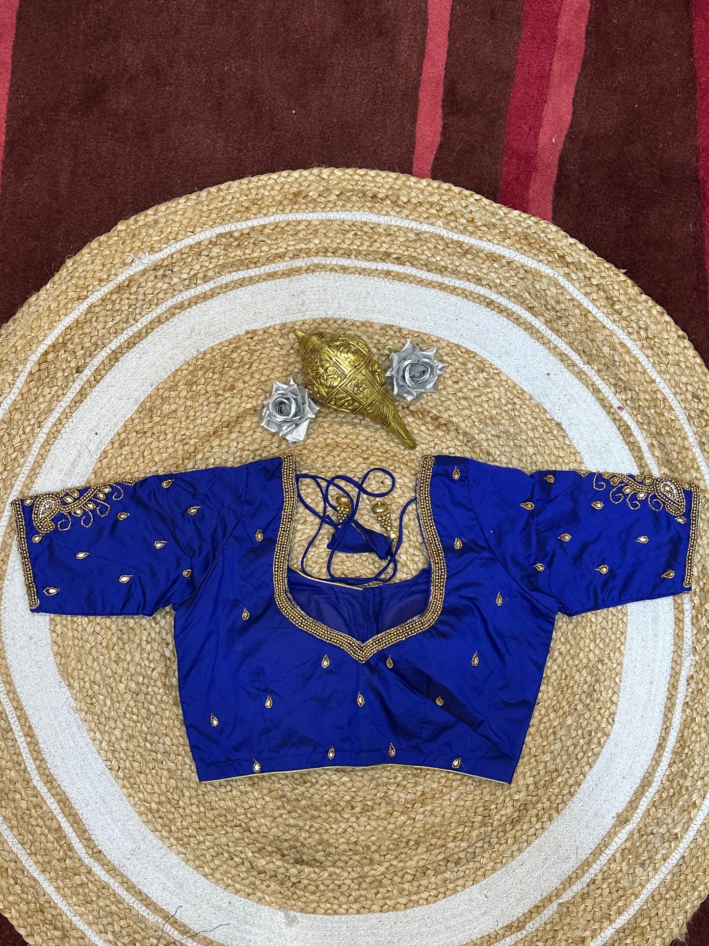 34” XS Aari Worked Sari Blouse Indian Saree Top Silk Blue B109