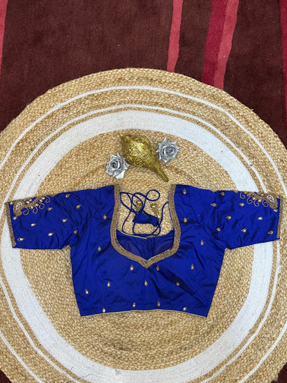 34” XS Aari Worked Sari Blouse Indian Saree Top Silk Blue B109