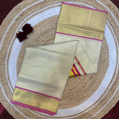 Red Kerala Vishu Sari Indian Cream Tissue Saree C35 - Col 7