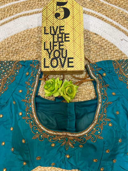 40” Bridal Aari hand Worked Sari Blouse Indian Top Choli Silk Teal Blue B42