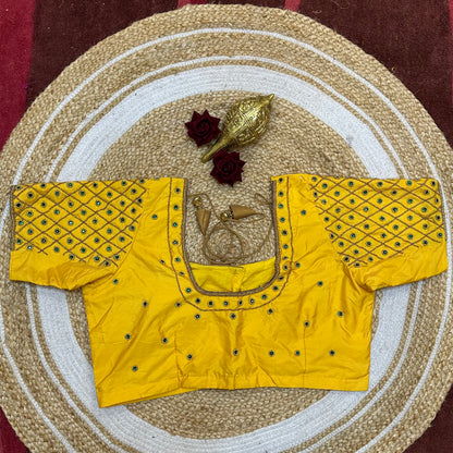44” Size 14 Aari Worked Sari Blouse Indian Saree Top Silk Yellow B255