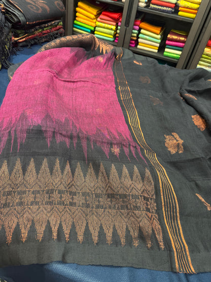 Silk Cotton Linen Sari Indian Saree Copper Jari Green Black S128