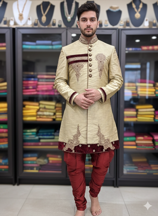 40” Large size Men’s Kurta Indian Gold & Maroon Sherwani Bollywood outfit M9