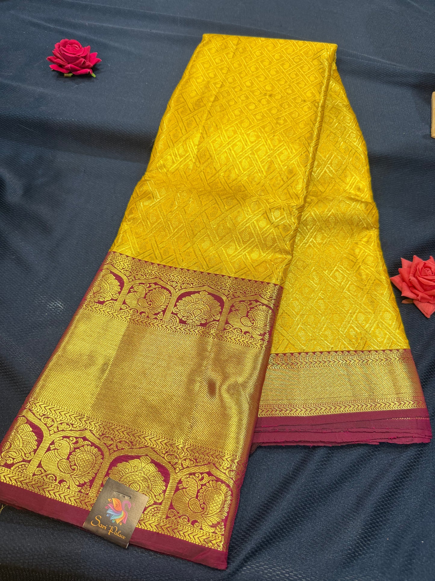 Kanchipuram Pure Silk Saree with Gold Zari Yellow & Maroon Sari| SPK102