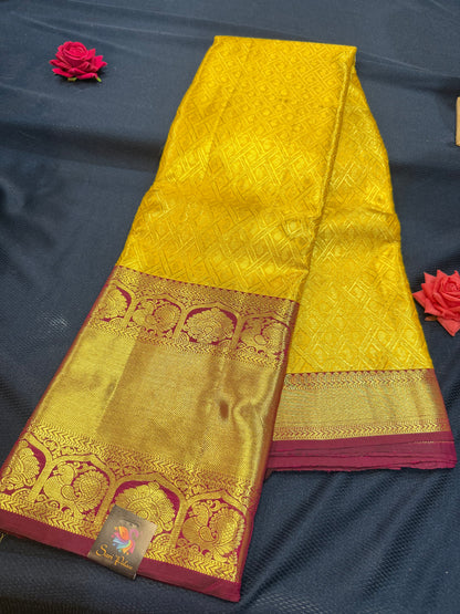 Kanchipuram Pure Silk Saree with Gold Zari Yellow & Maroon Sari| SPK102