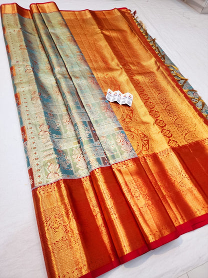 Kanchipuram Pure Silk Saree Bridal Blue Kanjivaram Sari SPK245