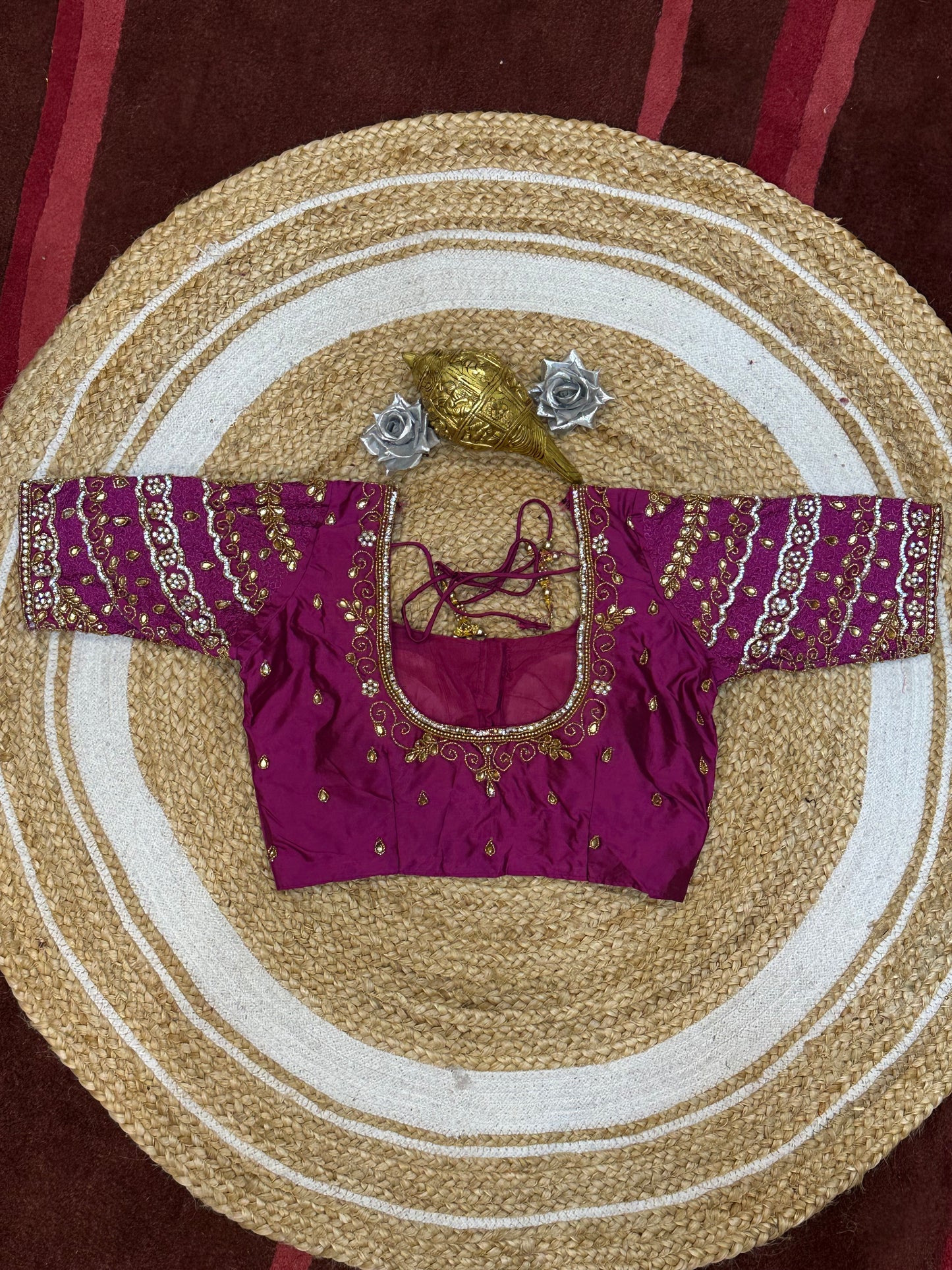 34” XS Aari Worked Sari Blouse Indian Saree Top Silk Magenta B106