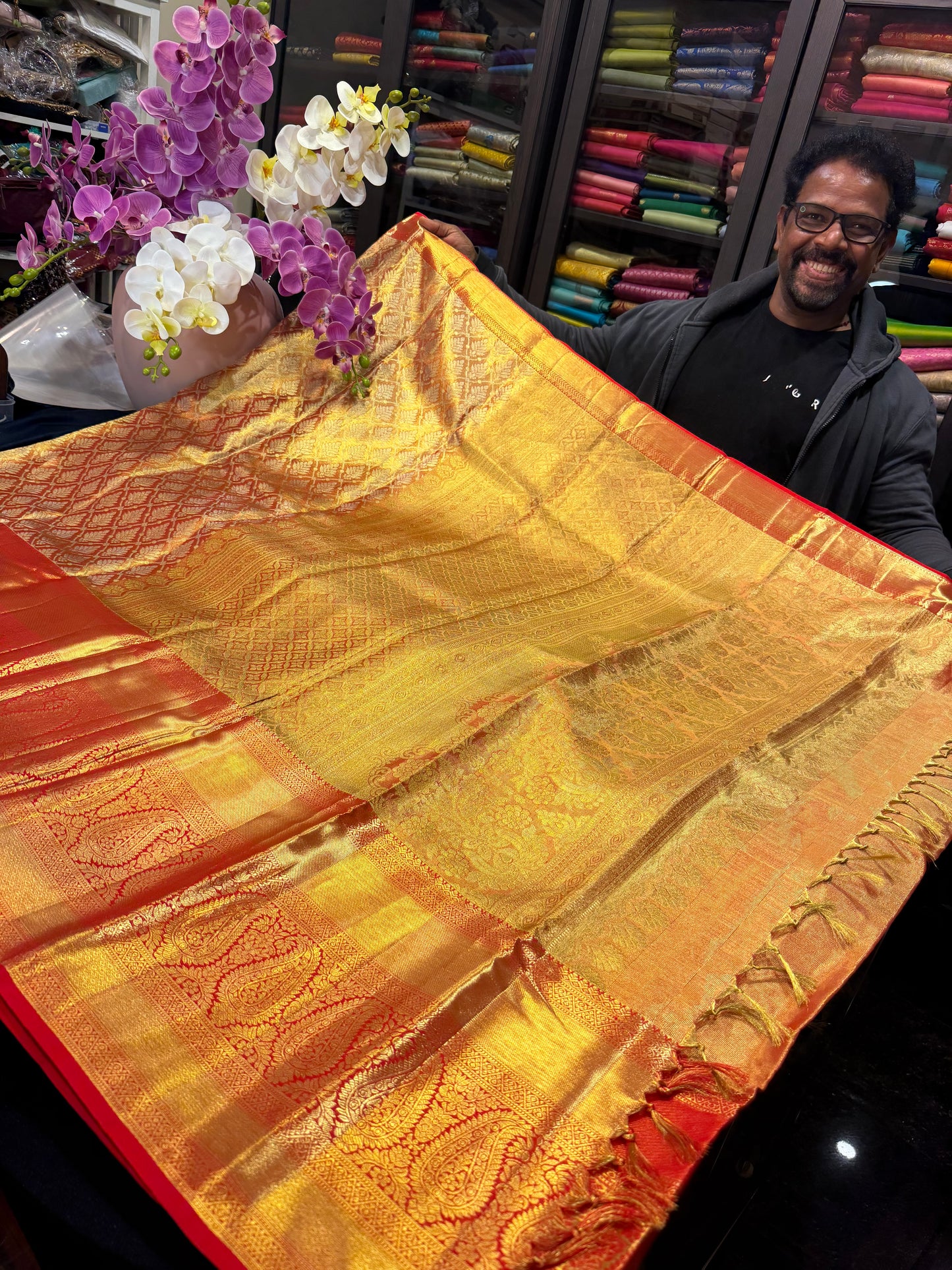 Bridal Tissue Kanchipuram Pure Silk Saree Gold & Red Kanjivaram Sari| SPK153