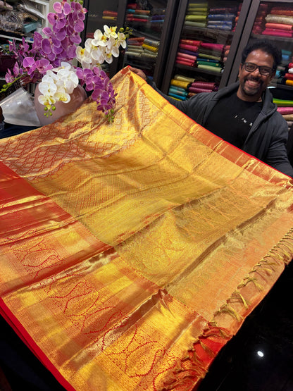 Bridal Tissue Kanchipuram Pure Silk Saree Gold & Red Kanjivaram Sari| SPK153