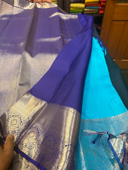 Kanchipuram Pure Silk handloom Saree Indian Kanjivaram Blue Sari SPK359