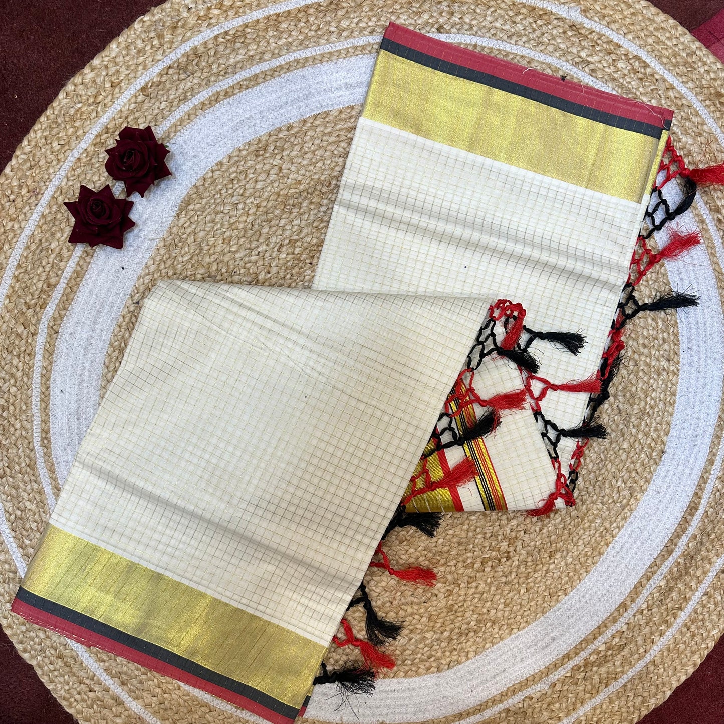 Kerala Vishu Sari Indian hand Printed Kasavu Onam Saree C36 Col 6