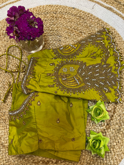 40” Aari hand Worked Sari Blouse Indian Top Choli Silk Lime Green B13