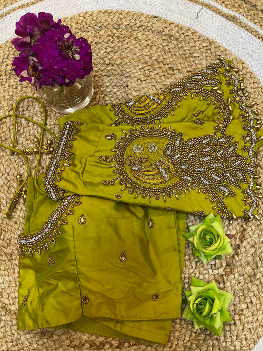 40” Aari hand Worked Sari Blouse Indian Top Choli Silk Lime Green B13