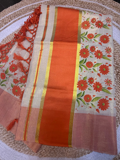 Orange Kerala Vishu Sari Indian Cream Tissue hand Printed Onam Saree C16