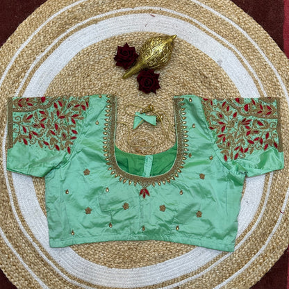 44” Size 14 Aari Worked Sari Blouse Indian Saree Top Silk Teal B249