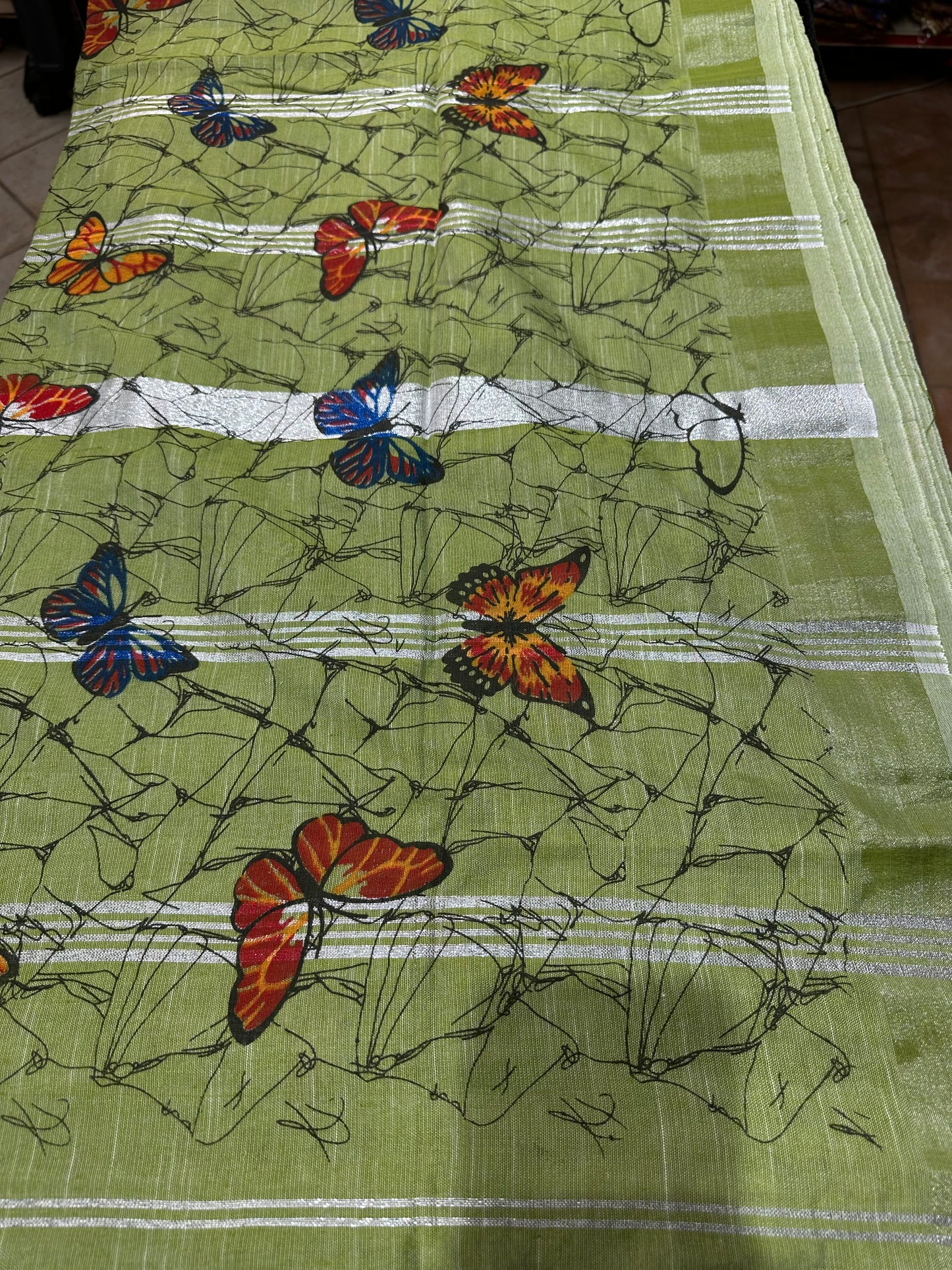 Khadi Soft Cotton Linen Sari Indian Saree Mint Green Butterfly S78