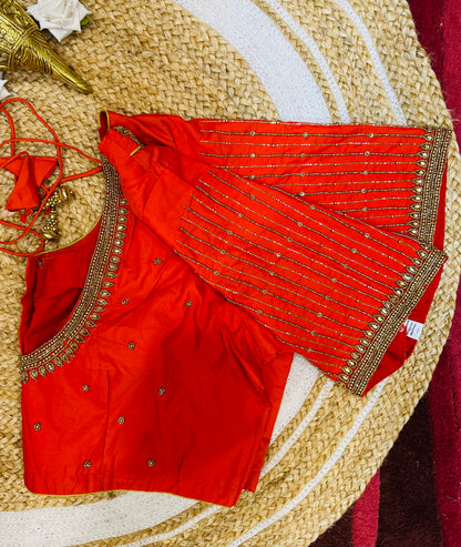 50” Size 20 Aari Worked Sari Blouse Indian Saree Top Silk Orange B55