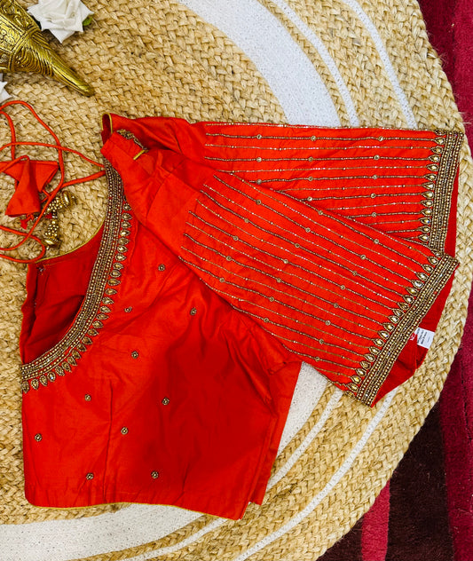 50” Size 20 Aari Worked Sari Blouse Indian Saree Top Silk Orange B55