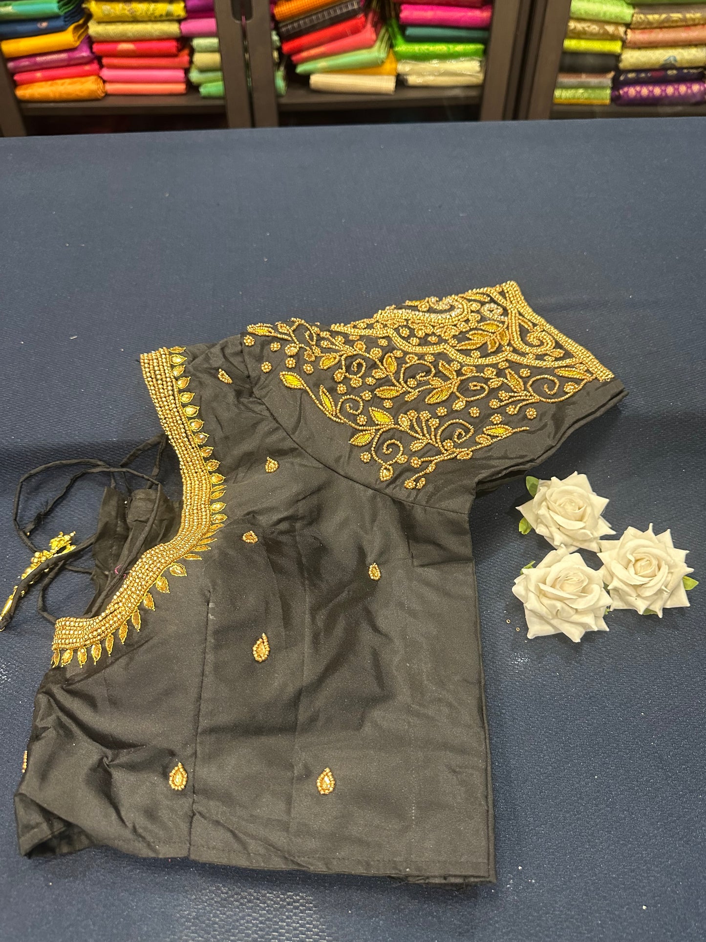 40” Aari hand Worked Sari Blouse Indian Top Choli Silk Black Gold B8