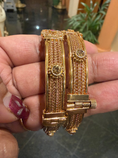 Indian Brass screw Bangles Set Ruby Pink Stones Antique Bracelets B9