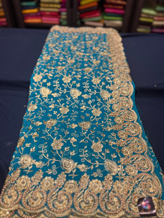 Blue Fancy Party wear Georgette Sari Indian Pearl Saree S44