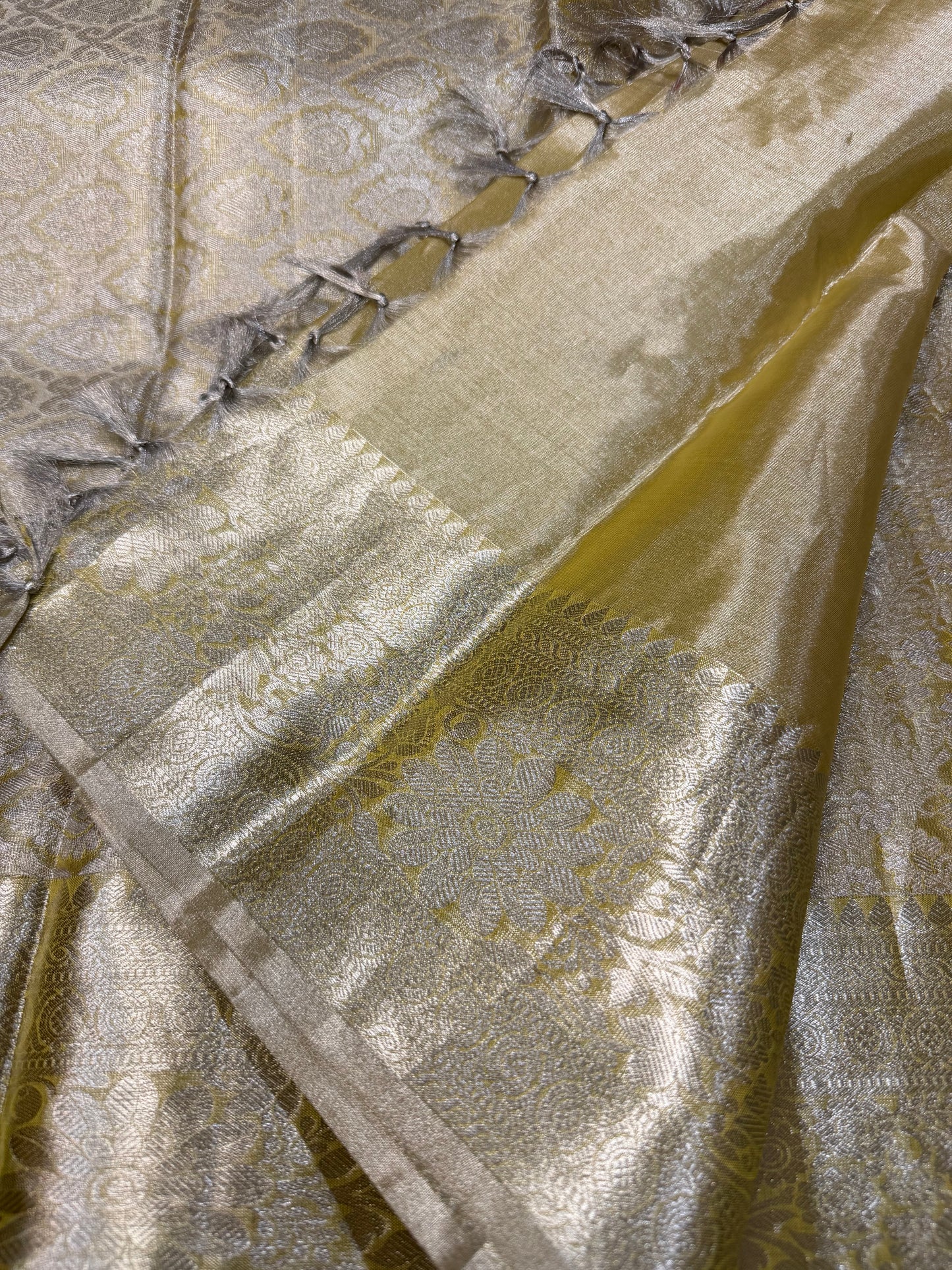 Kanchipuram Pure Silk Bridal Tissue Saree Indian Kanjivaram Light Gold Sari SPK380