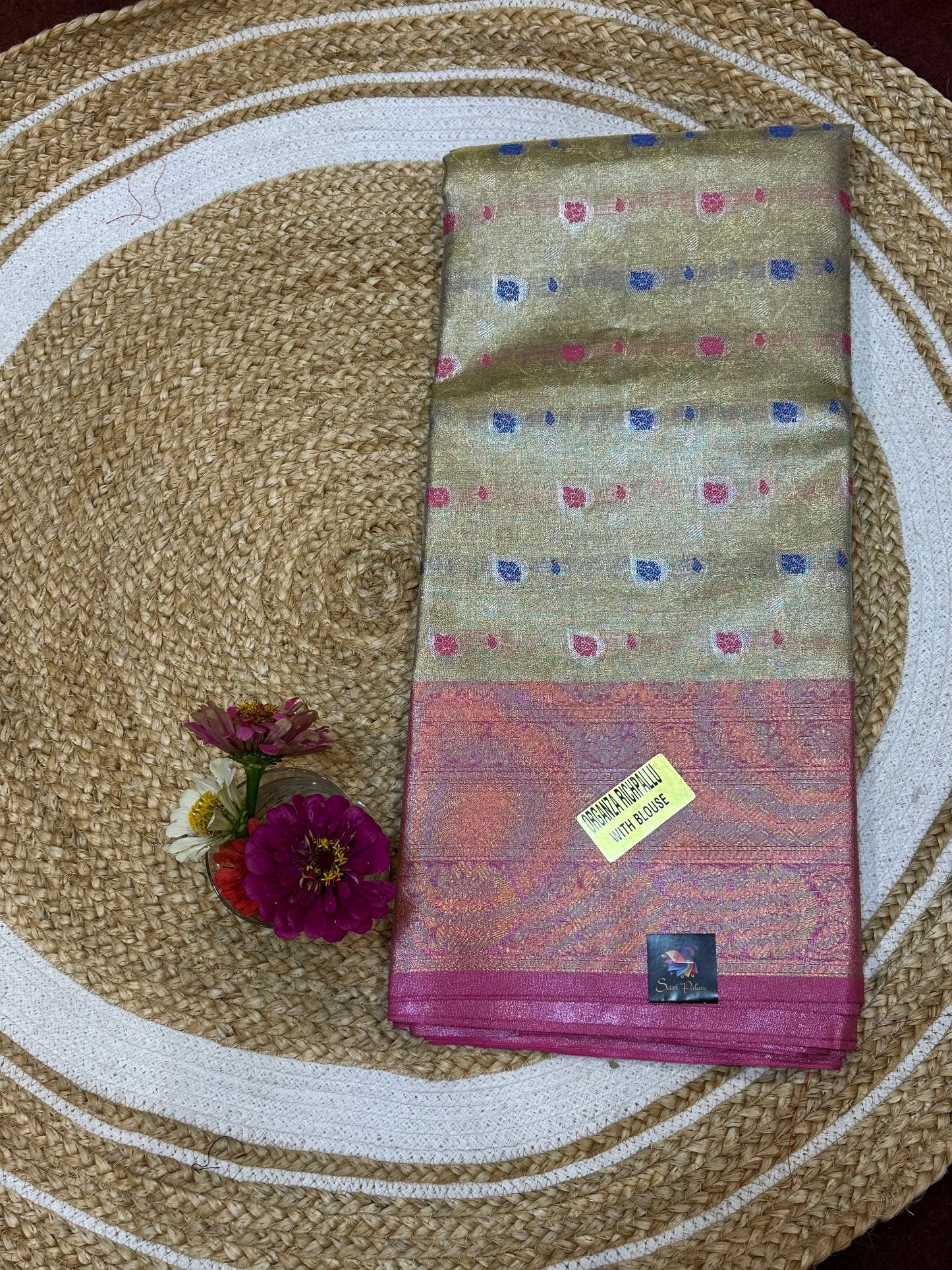 Tissue Silk brocade Sari Indian Fancy Saree Blue & Golden S18