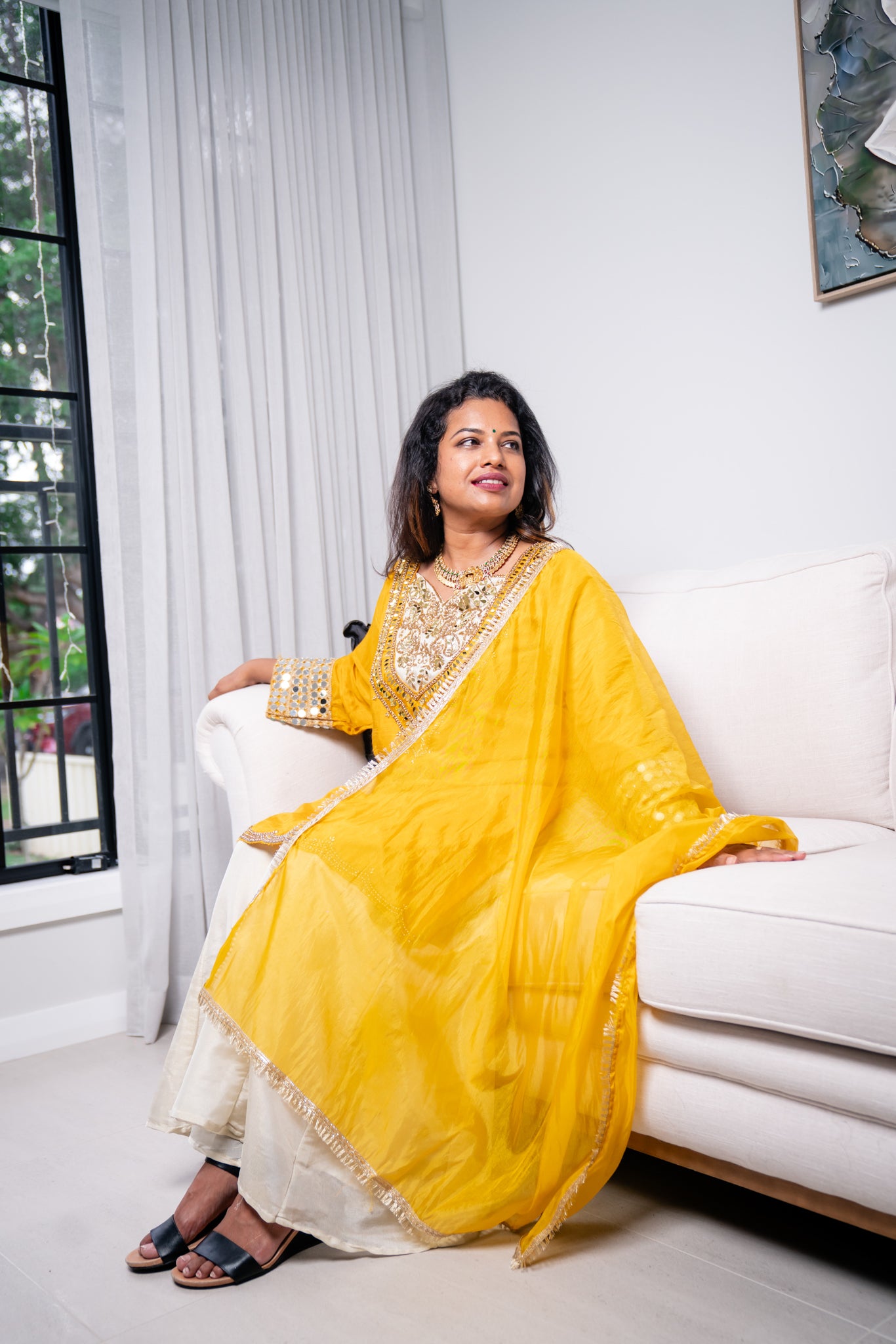 Yellow Cream Indian Pakistani Outfit Indo western Salwar Kameez Sharara Suit EID C2
