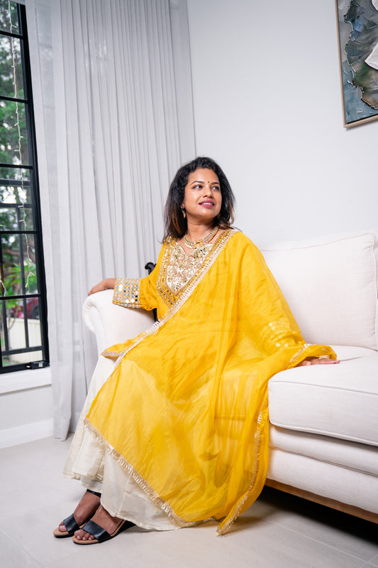 Yellow Cream Indian Pakistani Outfit Indo western Salwar Kameez Sharara Suit EID C2