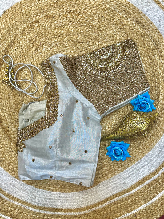 40” Size 10 Aari Worked Sari Blouse Indian Saree Top Silk Silver B180