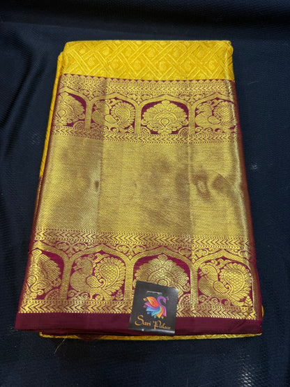 Kanchipuram Pure Silk Saree with Gold Zari Yellow & Maroon Sari| SPK102