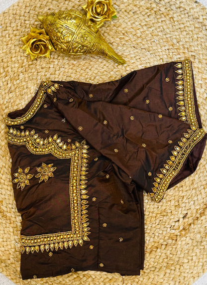 40” Size 10 Aari Worked Sari Blouse Indian Saree Top Silk Brown B70