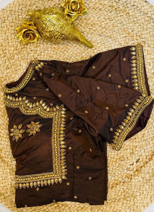 40” Size 10 Aari Worked Sari Blouse Indian Saree Top Silk Brown B70