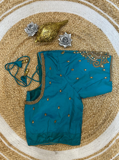 44” Size 14 Aari Worked Sari Blouse Indian Saree Top Silk Blue B137