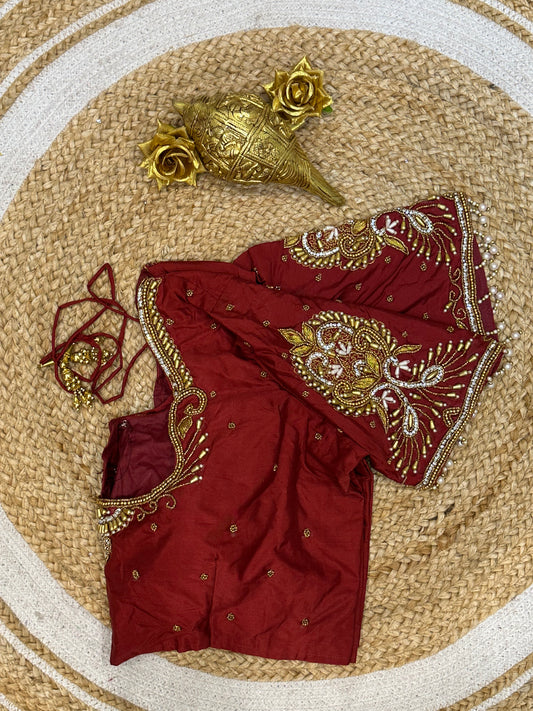 40” Size 10 Aari Worked Sari Blouse Indian Saree Top Silk Maroon B72