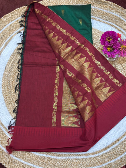 Kalyani Silk Cotton Sari Indian Saree Green Maroon S4
