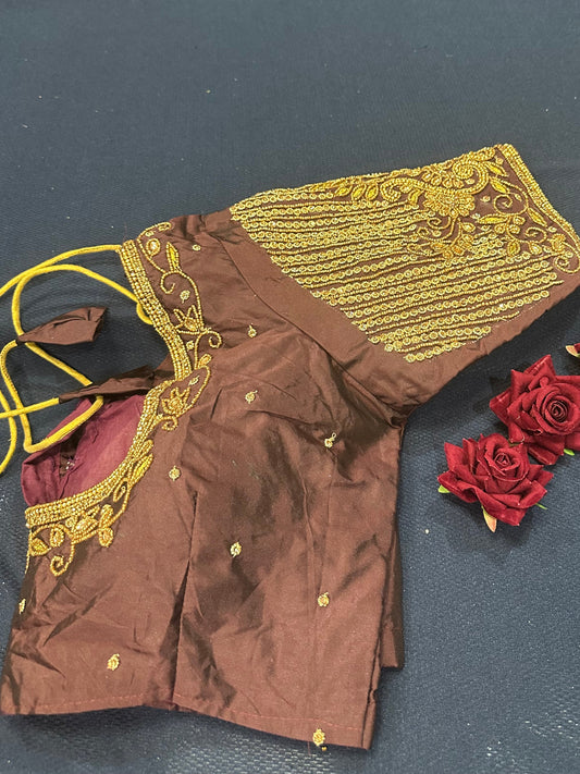 40” Aari hand Worked Sari Blouse Indian Top Choli Silk Maroonish Brown B16