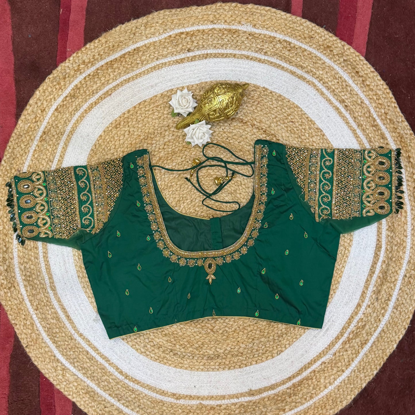 46” Size 16 Aari Worked Sari Blouse Indian Saree Top Silk Bottle Green B219