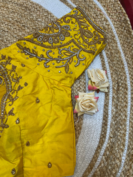 40” Aari hand Worked Sari Blouse Indian Top Choli Silk Yellow B24