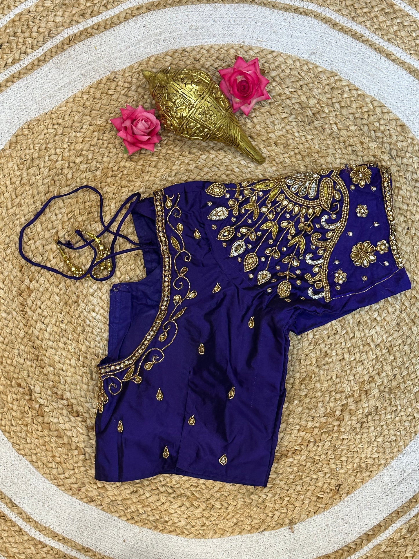 40” Size 10 Aari Worked Sari Blouse Indian Saree Top Silk Blue B96