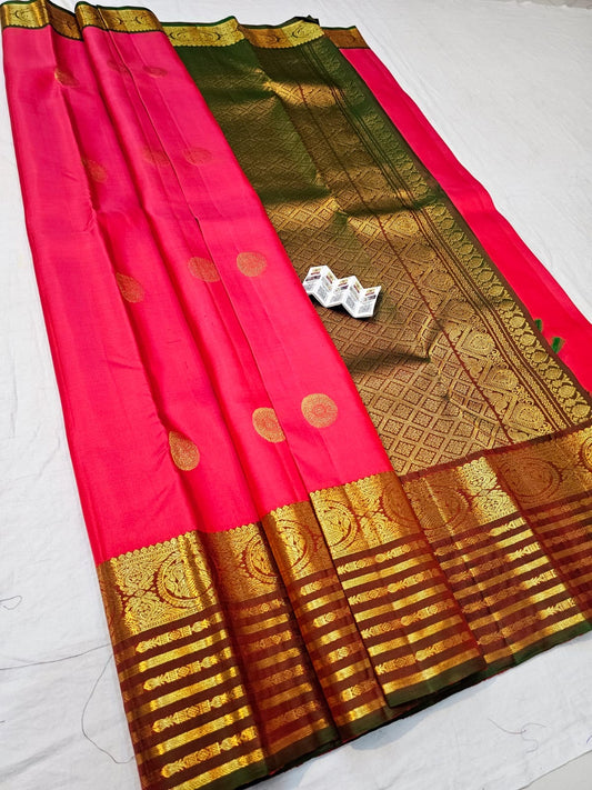 Kanchipuram Pure Silk Saree Bridal Watermelon Pink Kanjivaram Sari SPK291