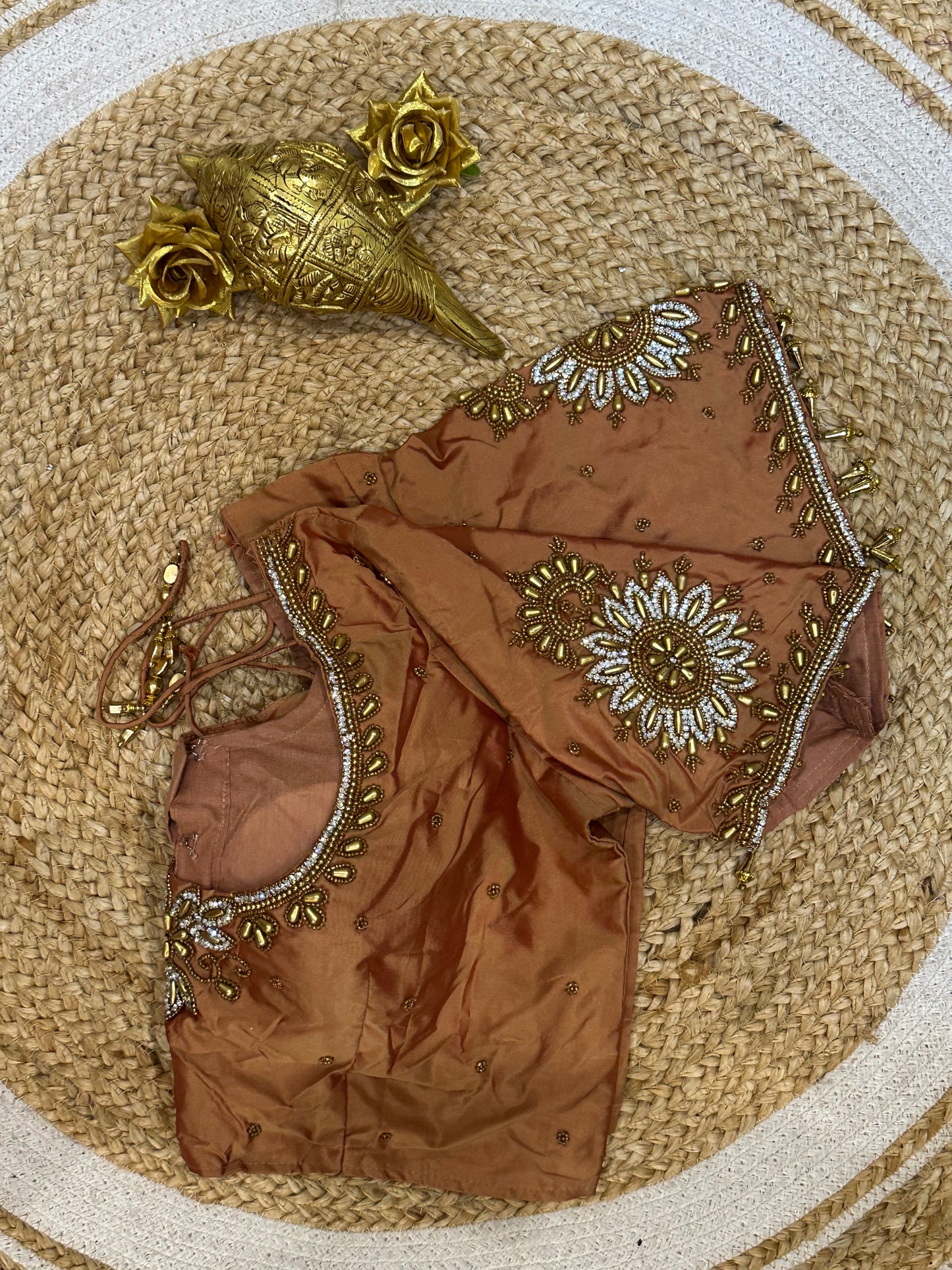 40” Size 10 Aari Worked Sari Blouse Indian Saree Top Silk Light Copper B78