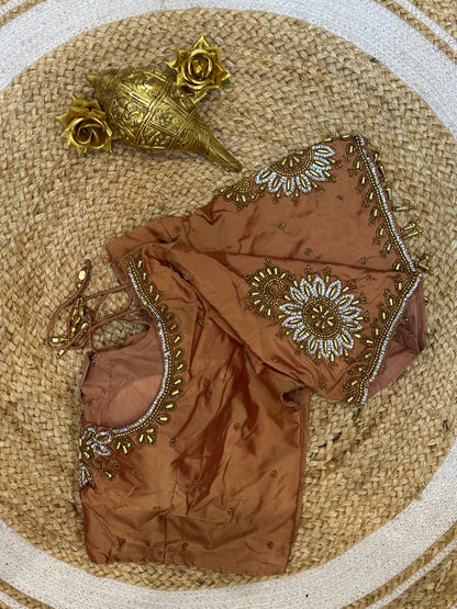 40” Size 10 Aari Worked Sari Blouse Indian Saree Top Silk Light Copper B78