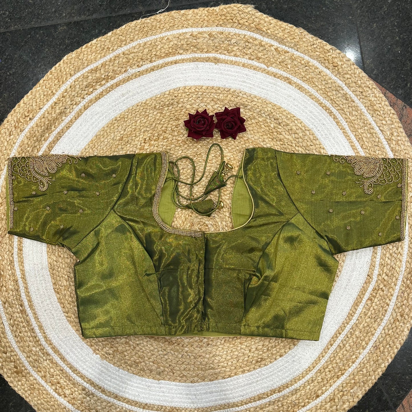 46” Size 16 Aari Worked Sari Blouse Indian Saree Top Silk Green B415
