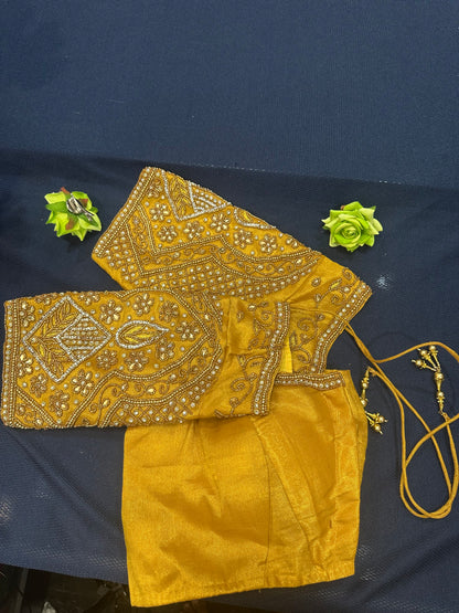 40” Aari hand Worked Sari Blouse Indian Top Choli Silk Gold B9