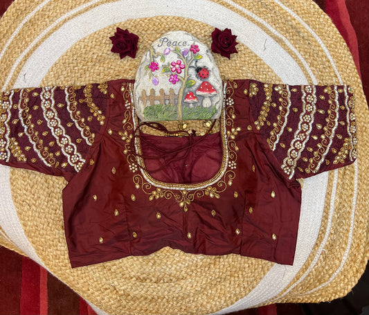 40” Aari hand Worked Sari Blouse Indian Top Choli Silk Maroon B30